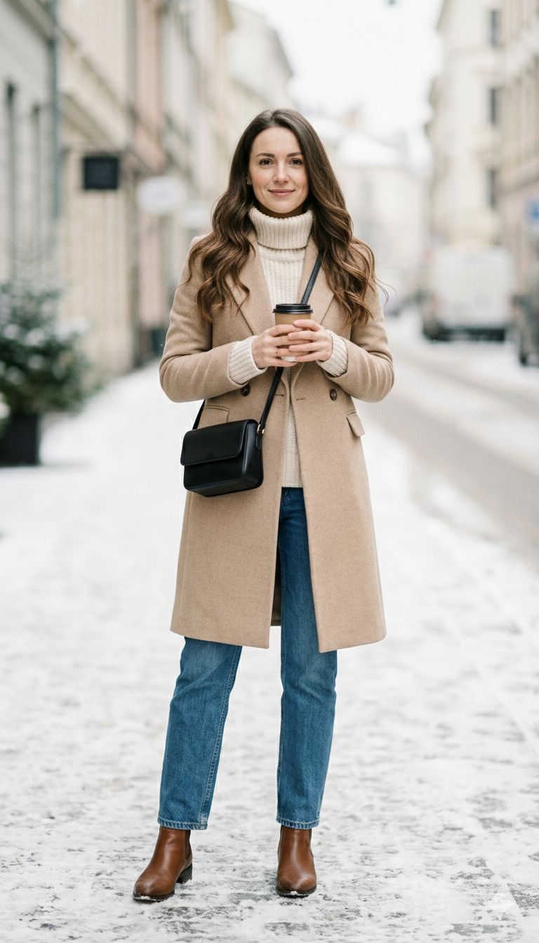 Neutral leather crossbody bag styled with a coat and boots.