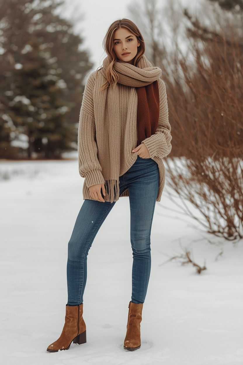 Neutral ankle boots styled with jeans and a  winter coat.