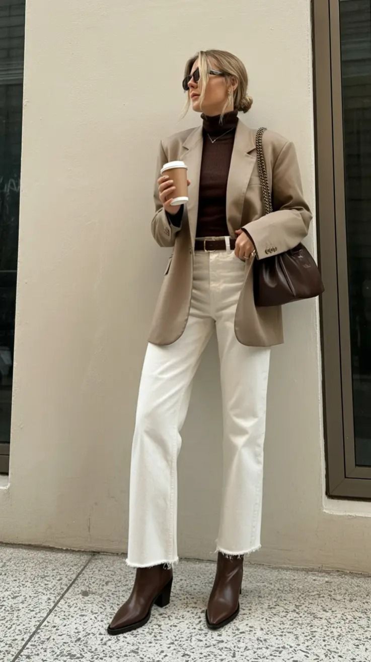 Neutral tailored blazer layered over a turtleneck with trousers.