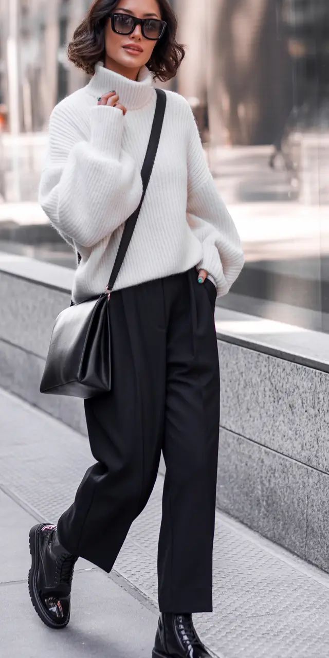 Black tailored trousers with ankle boots and a tucked-in sweater.