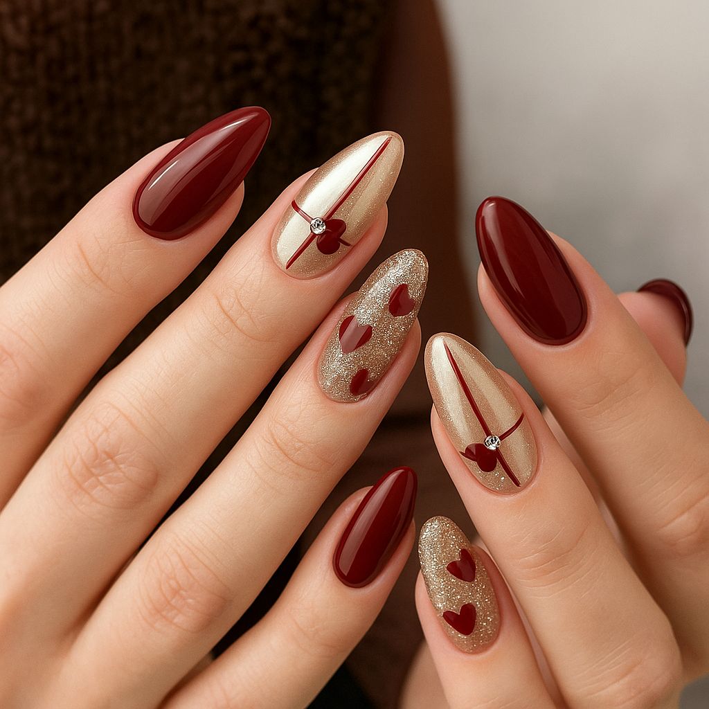 Burgundy Valentine’s Day nails with a gold heart outline accent.