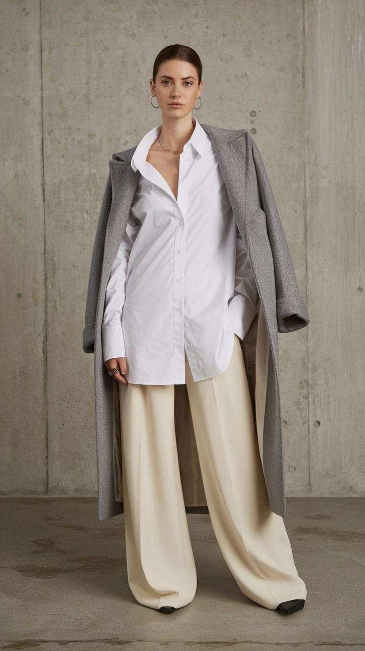 White button-down shirt tucked into high-waisted tailored trousers with boots