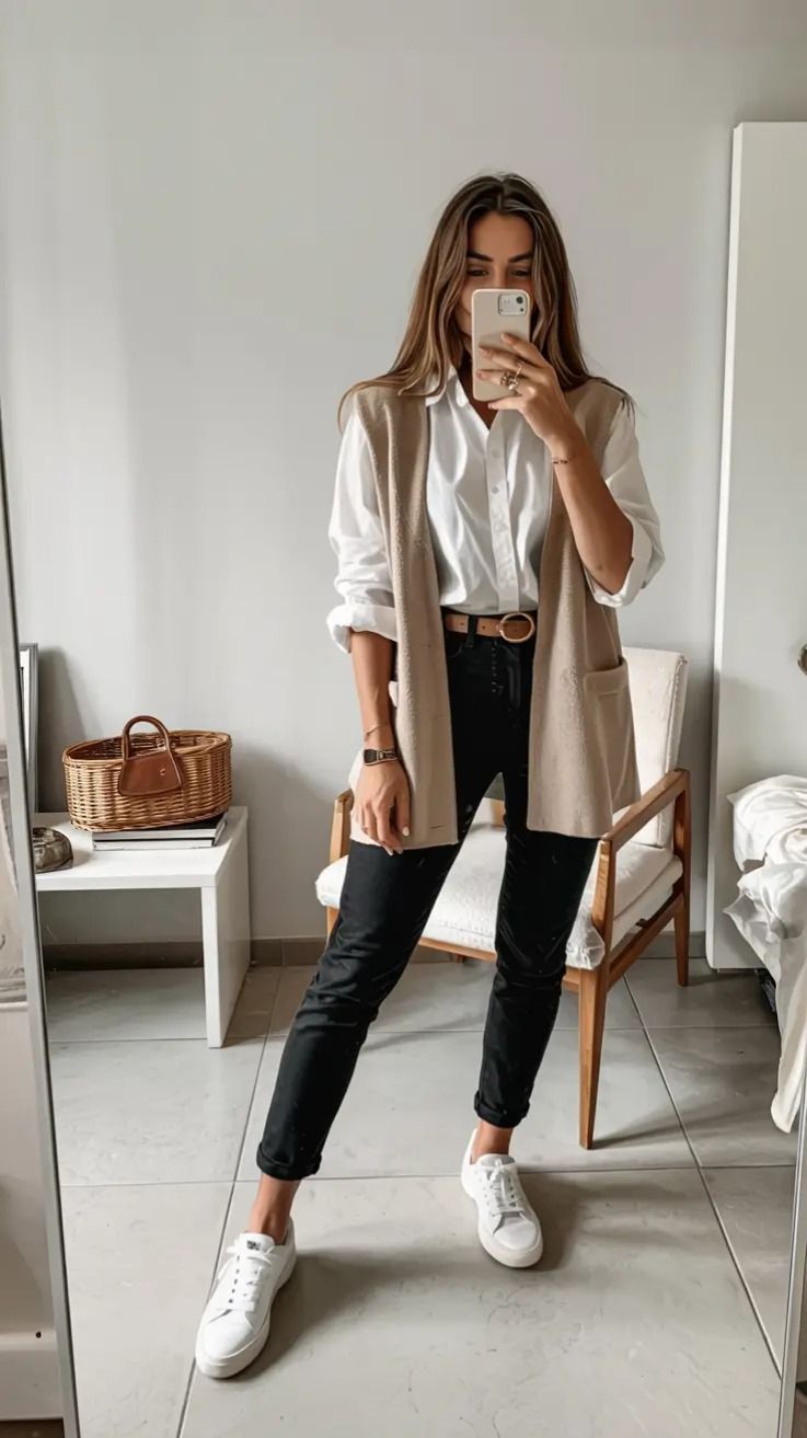 White button-up shirt layered under a sweater with  trousers.