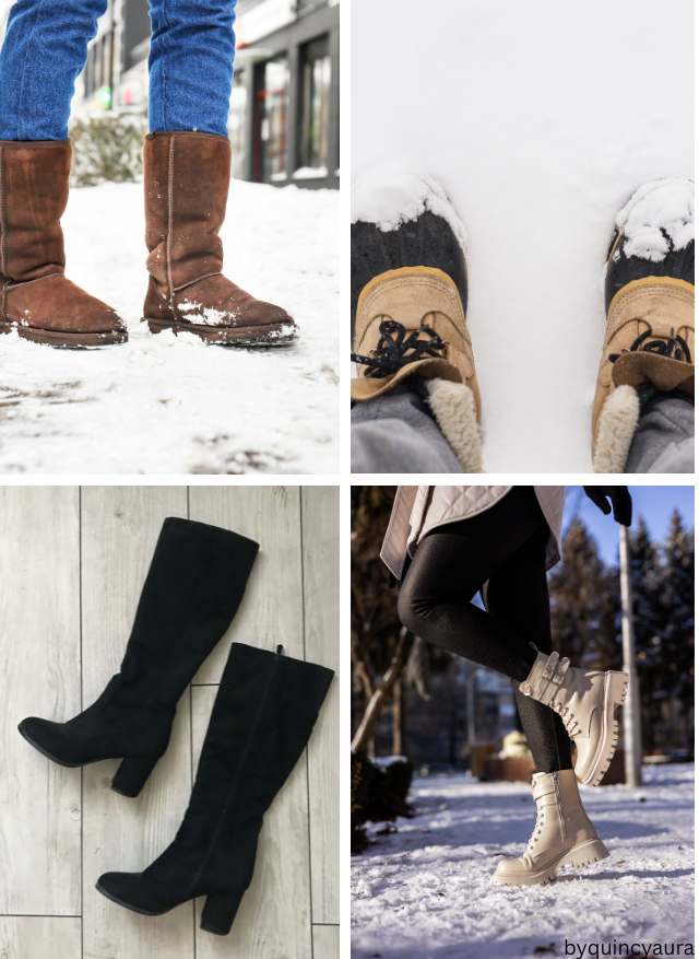 A collection of winter boots including ankle boots, knee-high boots, and flat winter shoes.