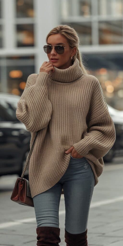 A neutral knit sweater styled with jeans and winter boots.