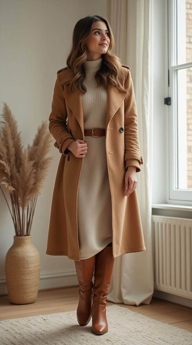 Camel wool coat over a neutral outfit, styled with boots.