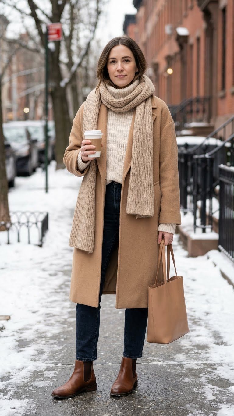Soft wool scarf styled over a neutral coat and sweater.