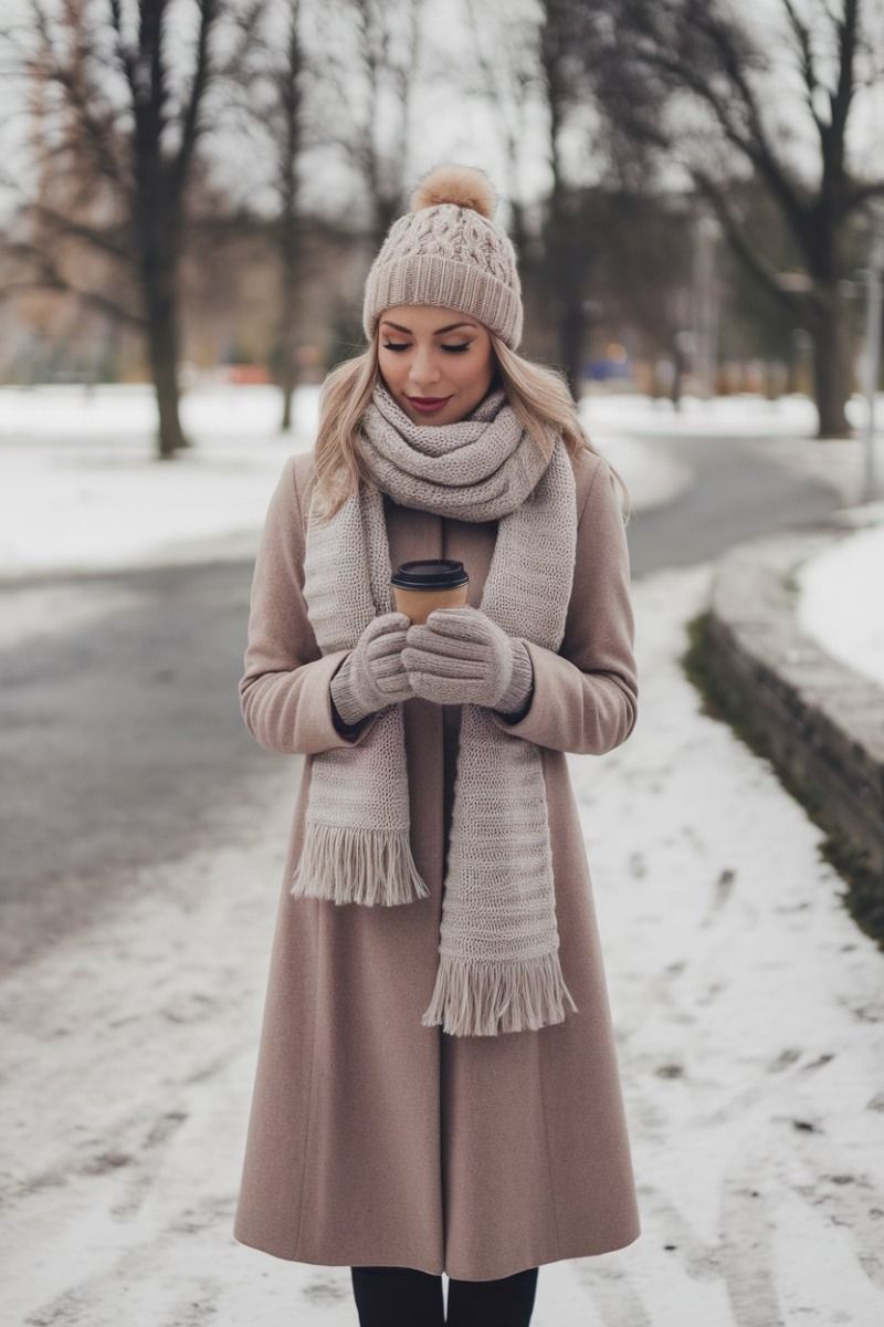 Neutral knit beanie styled with a winter coat and scarf.