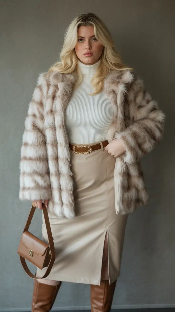 Cream faux fur coat over beige basics.