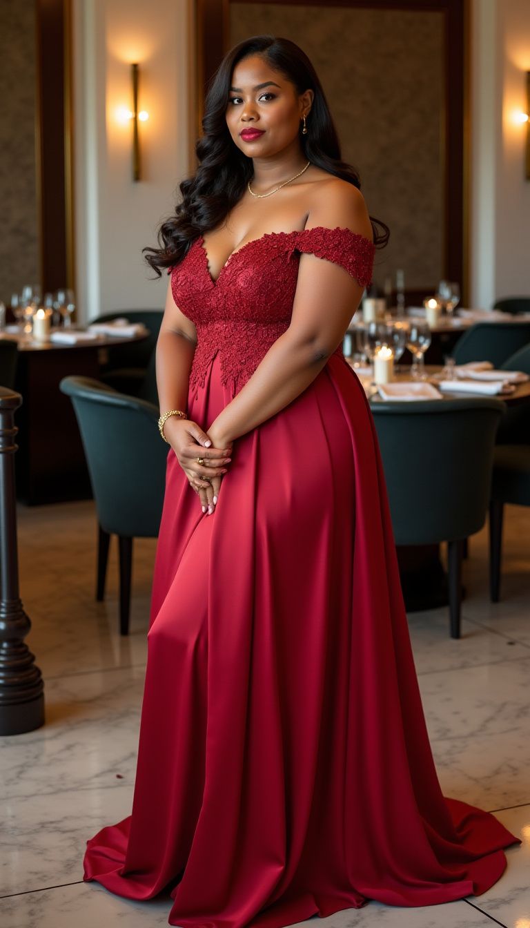 A lady wearing an off shoulder prom dress