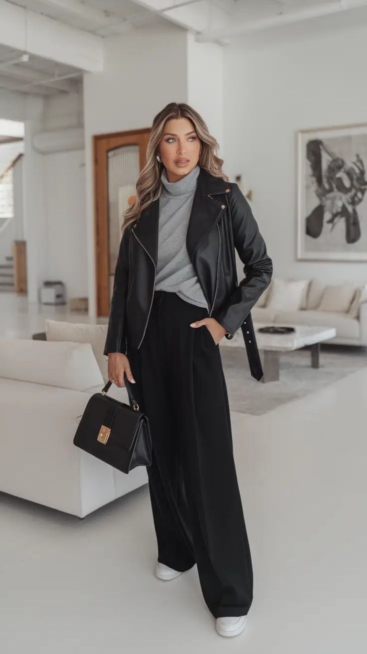 Black faux leather jacket over a cream turtleneck and tailored pants.