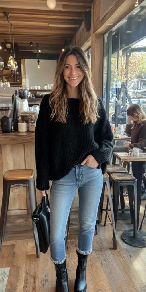 Black leather ankle boots paired with skinny jeans and a cozy sweater.
