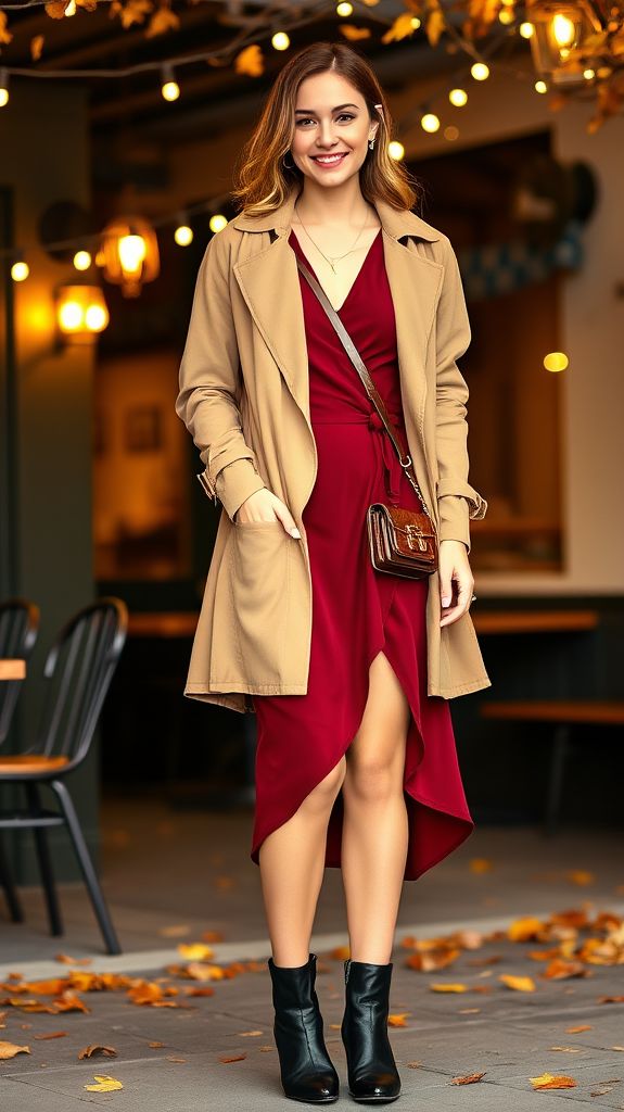 A lady putting on a red dress with a trench cloth as jacket.