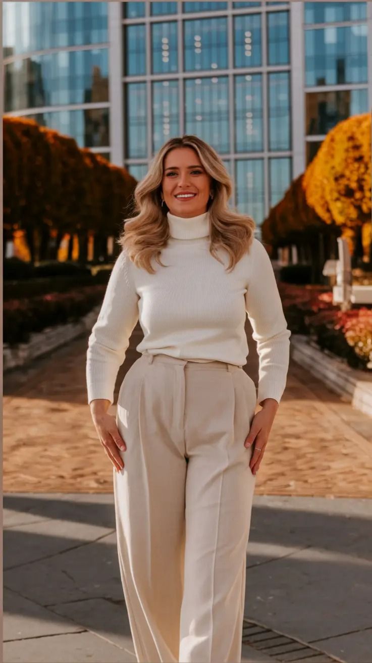 Cream fitted turtleneck tucked into high-waisted trousers.