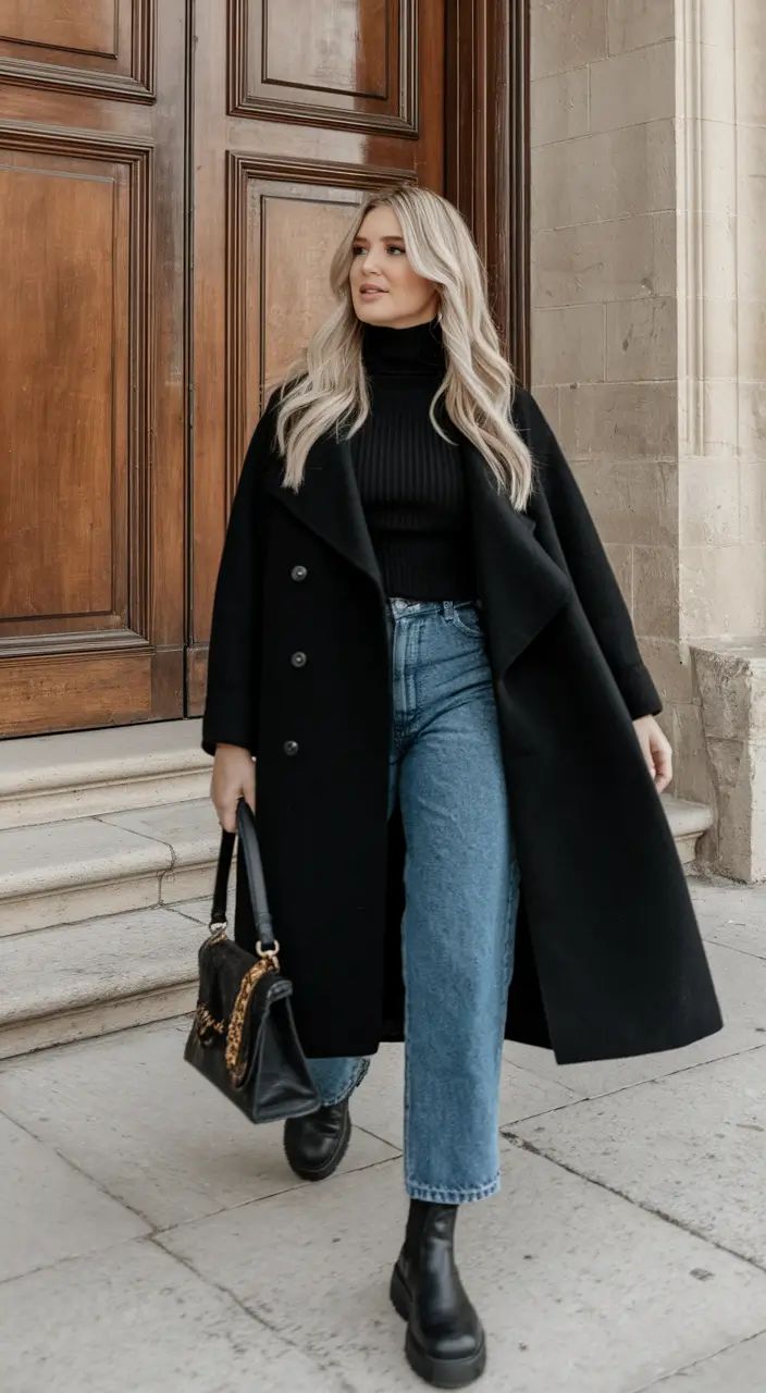 Black layered turtleneck styled with jeans 