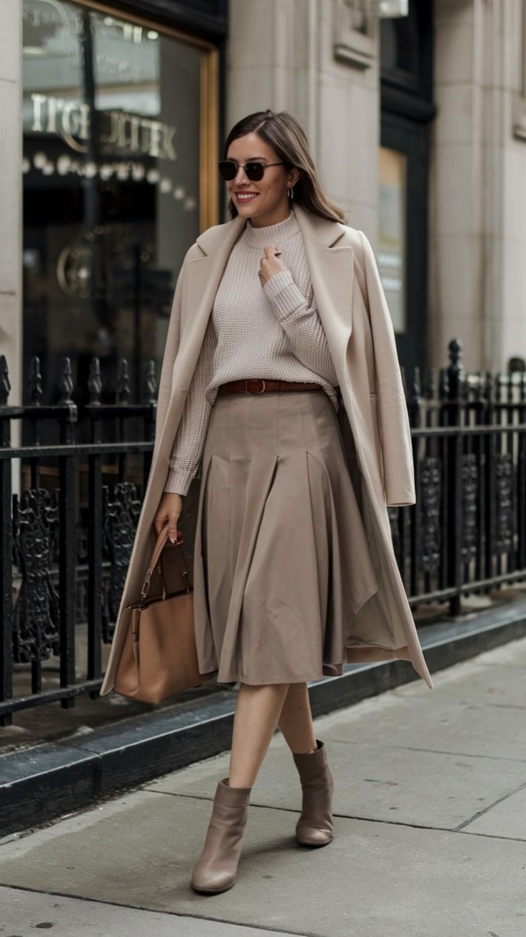 Neutral midi skirt styled with a sweater and ankle boots.