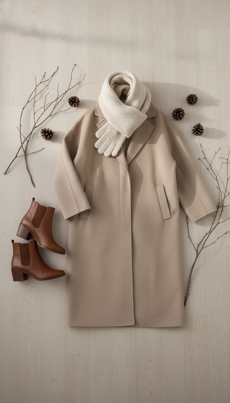 A flat lay or outfit photo showing winter fabrics.