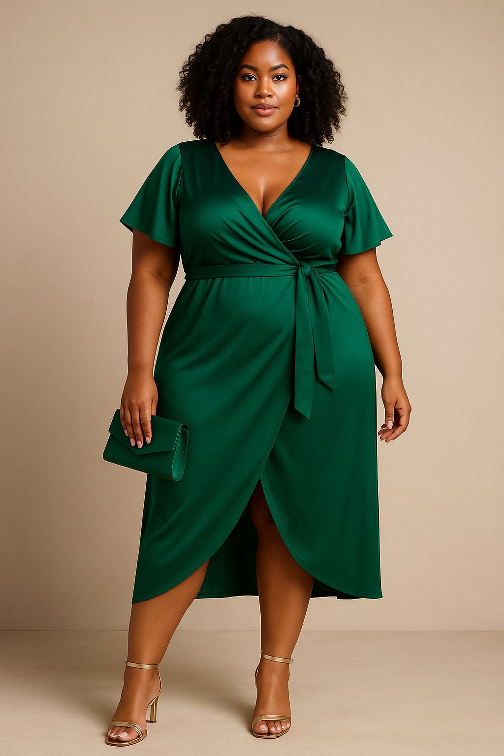  A lady puttting on a wrap dress for prom night.