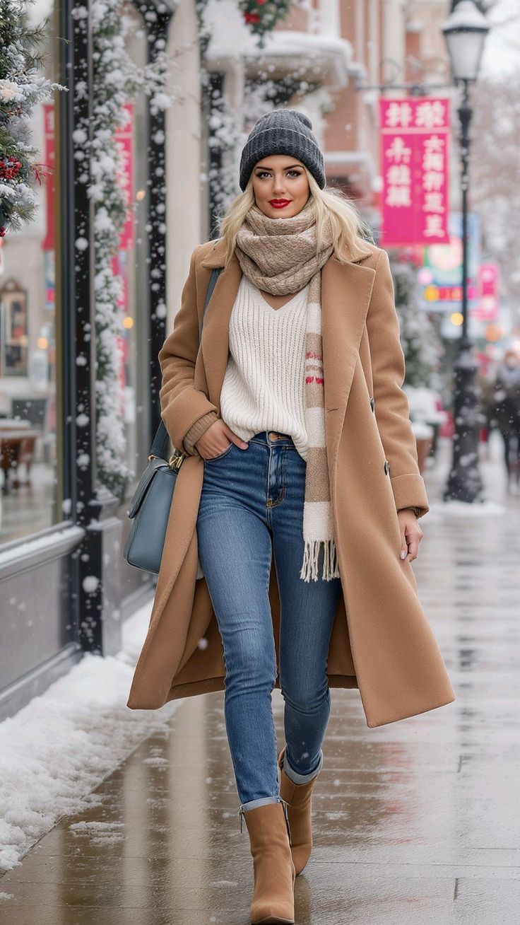 Beige oversized scarf draped over a camel coat.