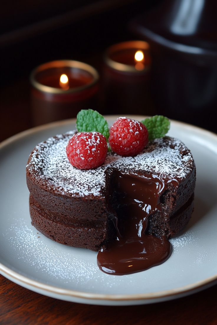 Chocolate lava cake served on a flat white plate