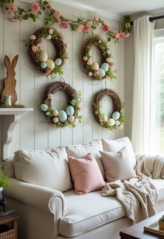 Mini Easter Wreaths Above the Sofa