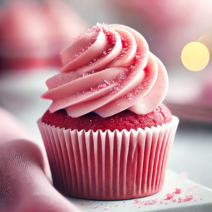 Single pink velvet cupcake sitting on a table