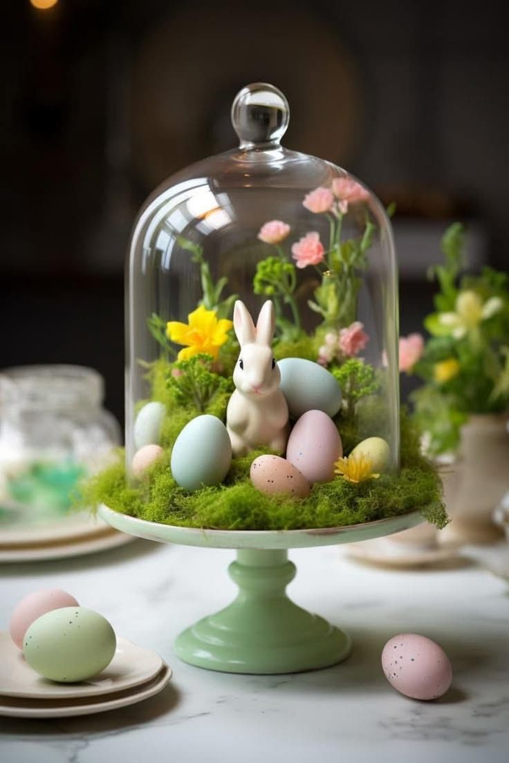 Easter eggs and bunny Placed in glass bowls