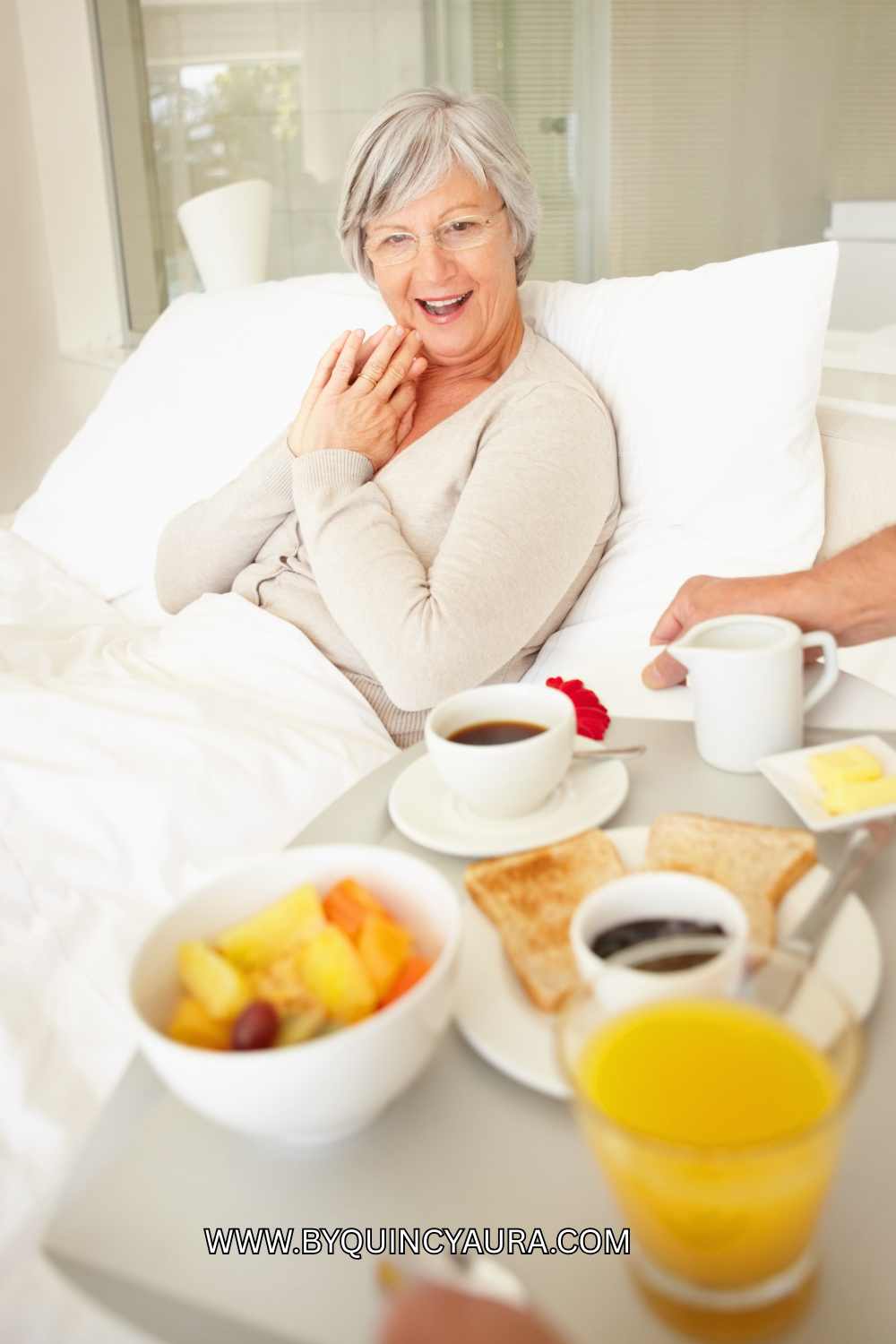 someone serving her mum breakfast in bed.