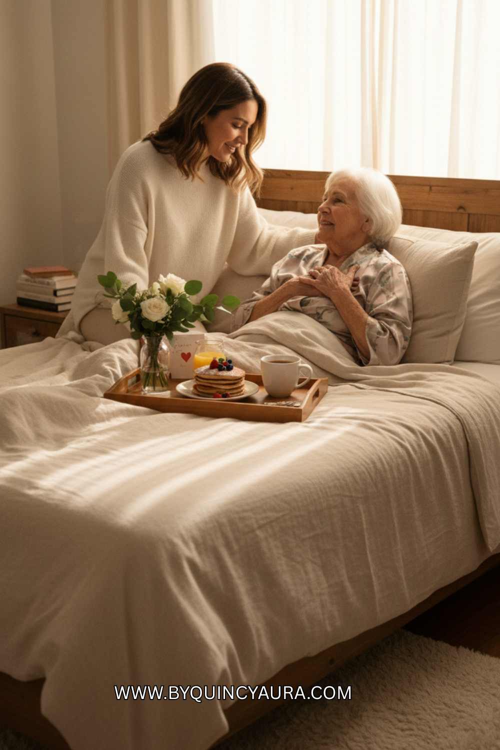 a lady serving her mum breakfast in bed.