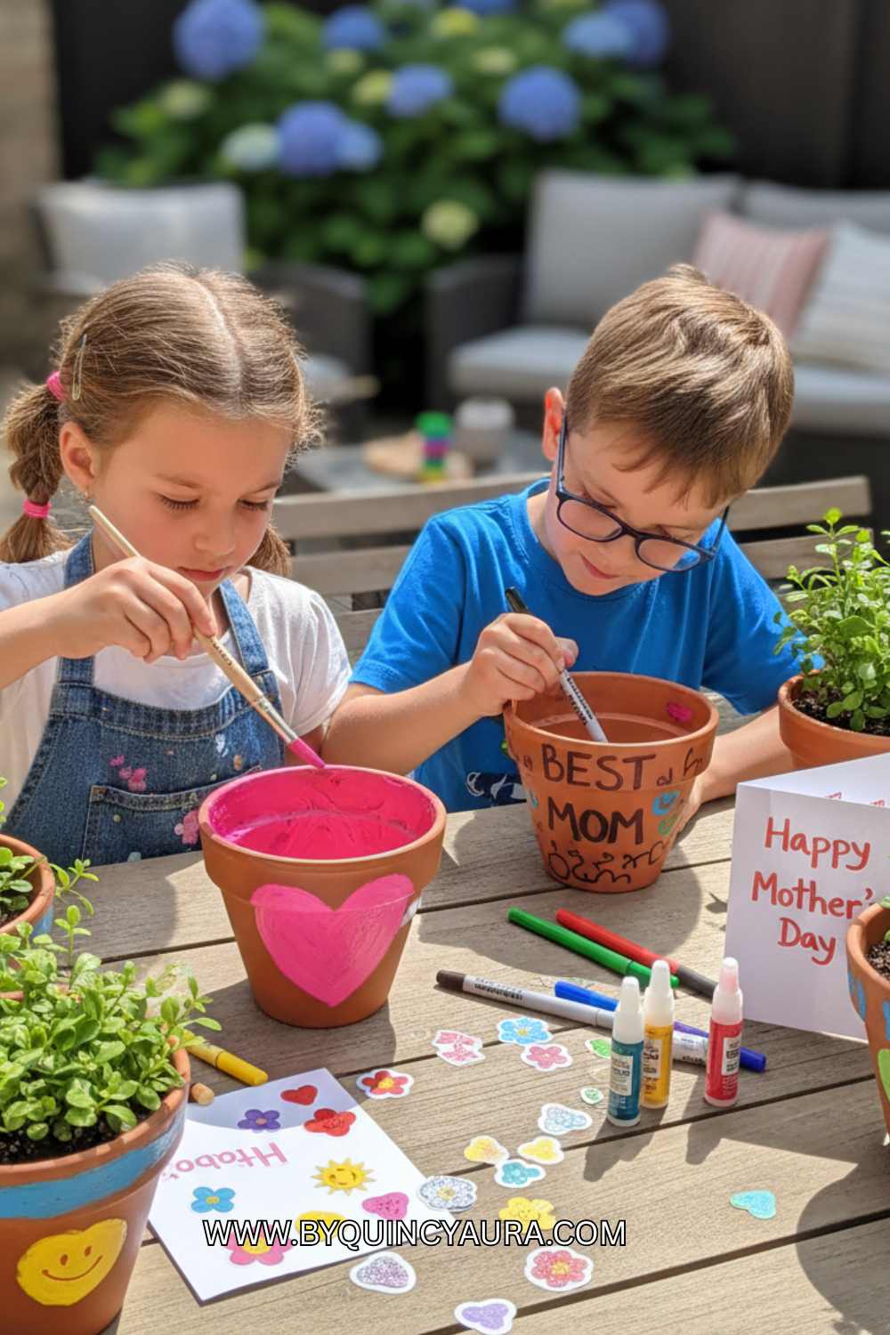 kids painting a plant pot.