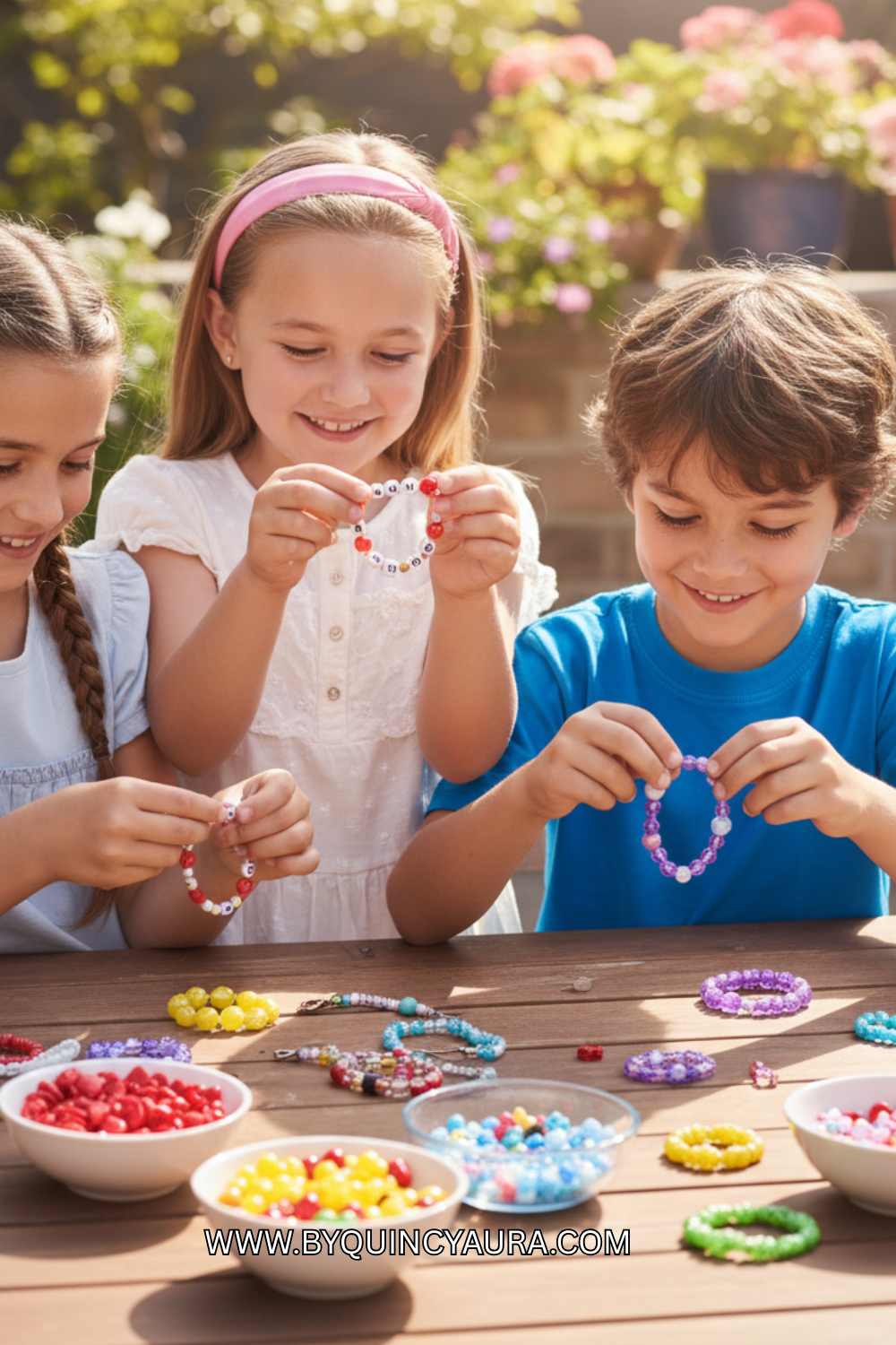 Kids creating a beaded bracelet.
