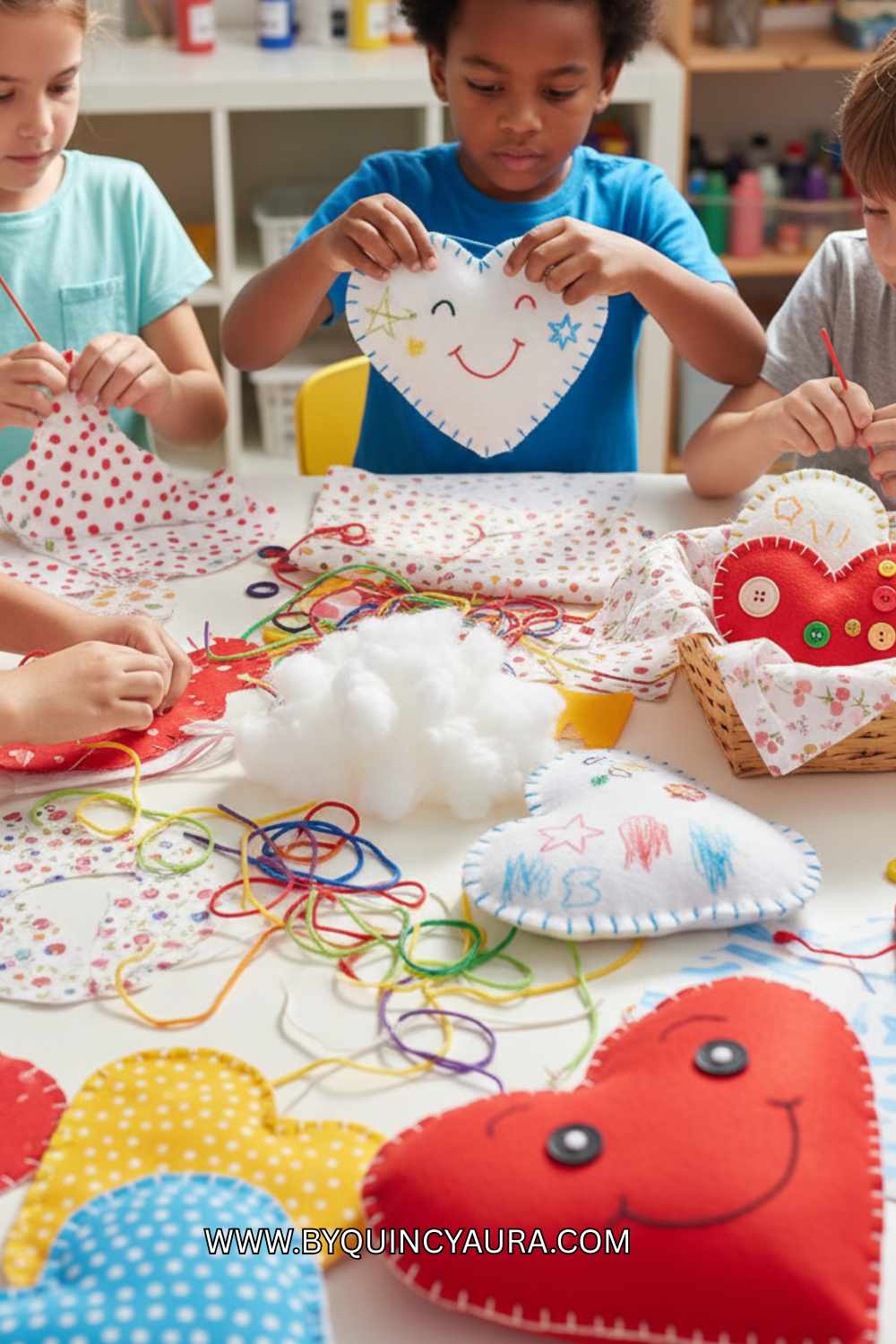 kids creating fabric heart pillow.