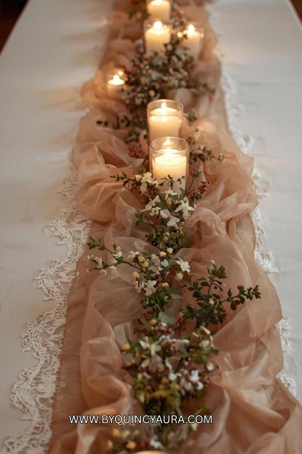 lace runner with candles and flowers placed on top
