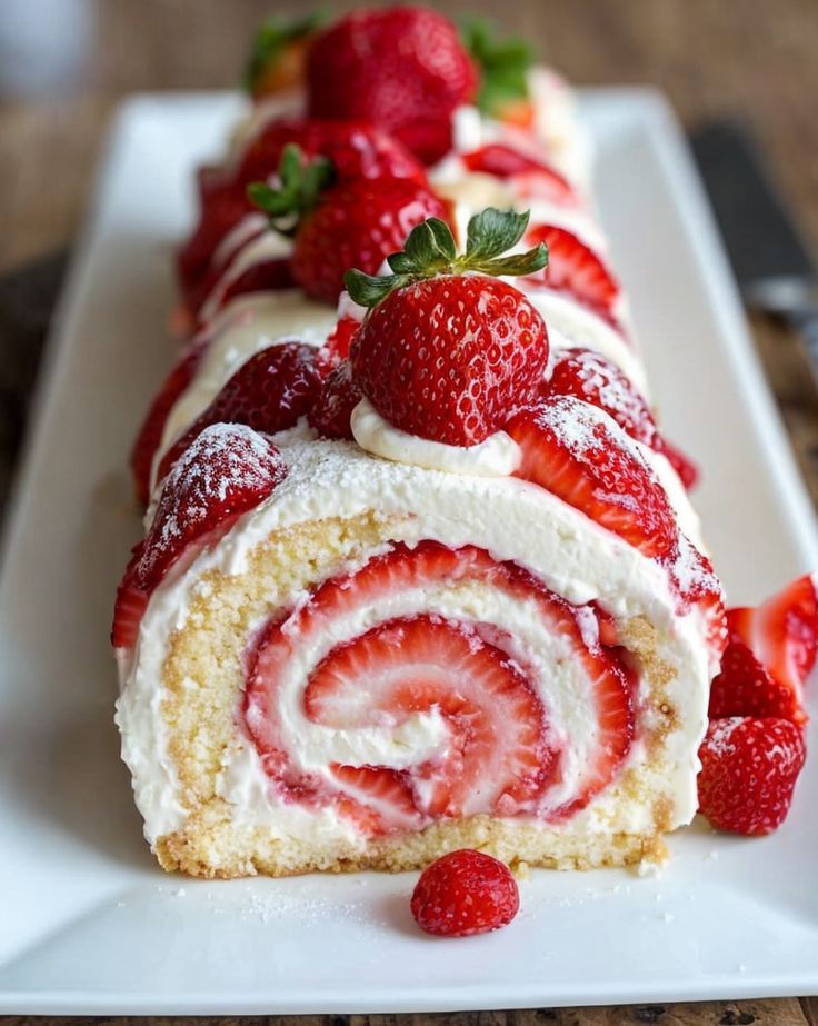 Strawberry cream rolled cake showing the strawberry cream inside the rolled cake