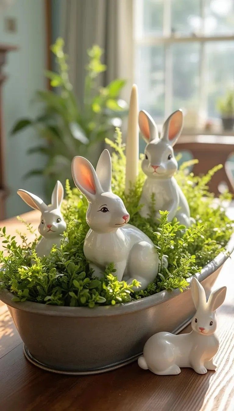 bunny placed on a table with greenery in a bowl