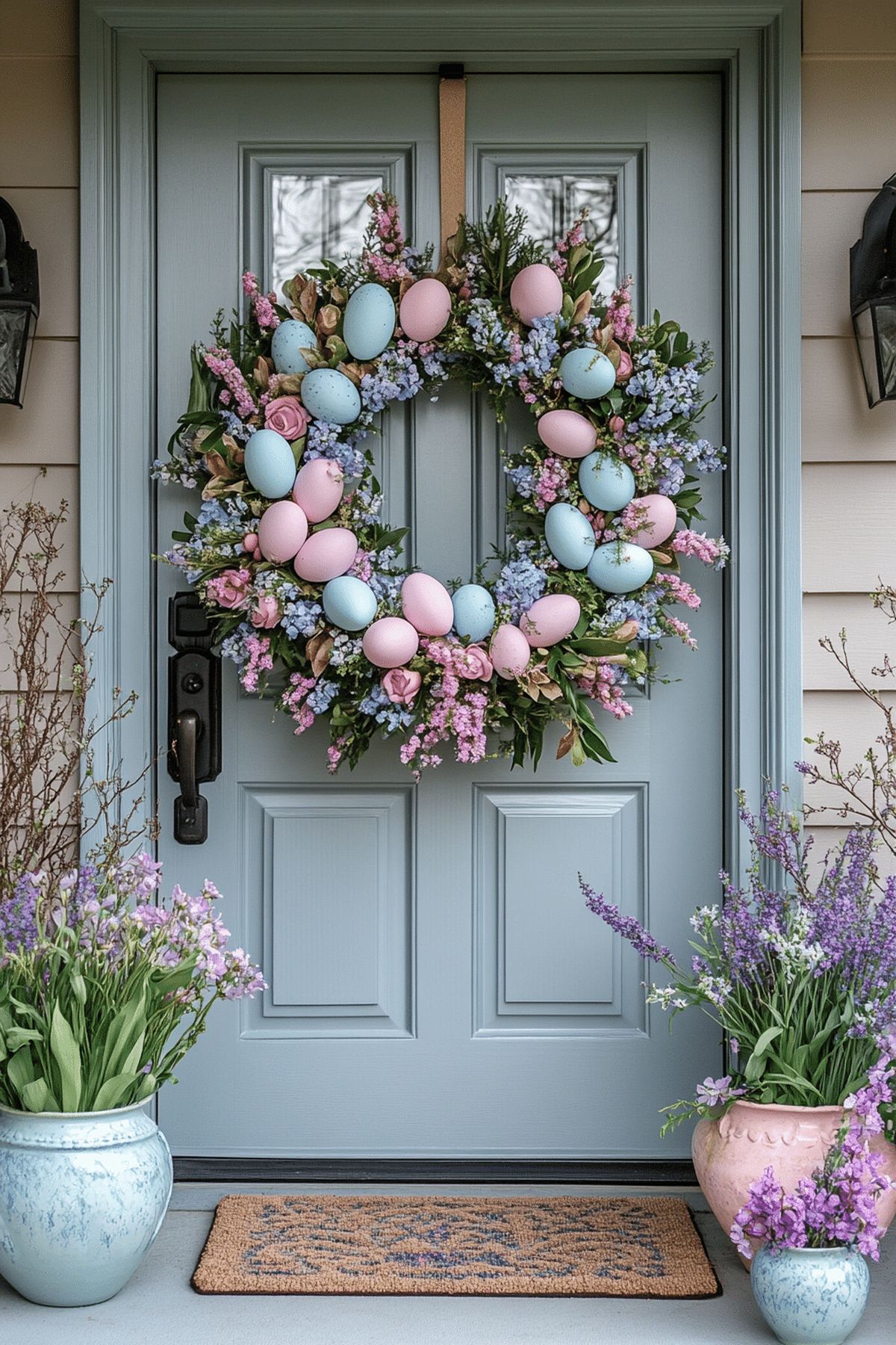 wreath placed in front of a door