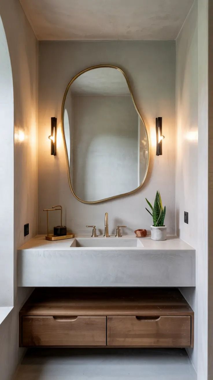 Asymmetrical Mirror with Artistic Lighting Fixtures