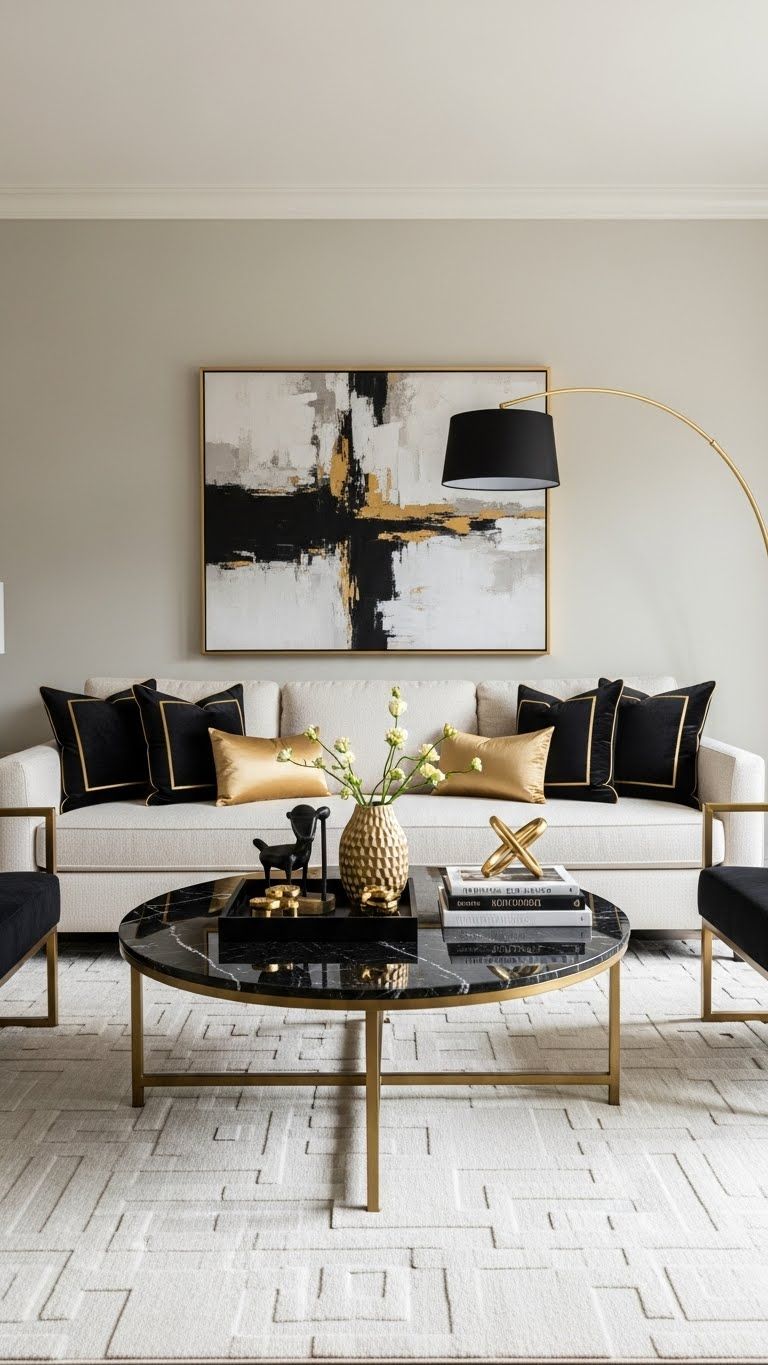 Crisp white walls, black accents, and subtle gold details living room