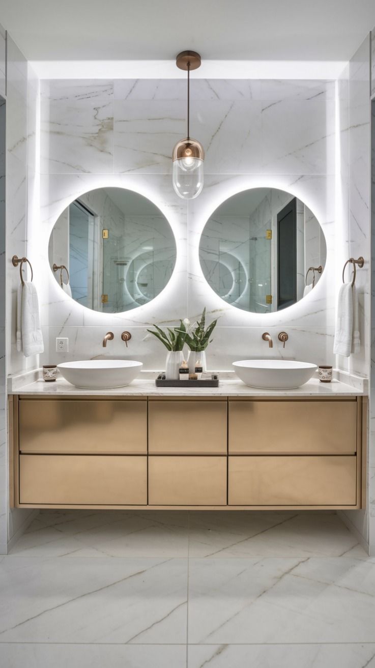 Double Mirrors with Shared Overhead Lighting