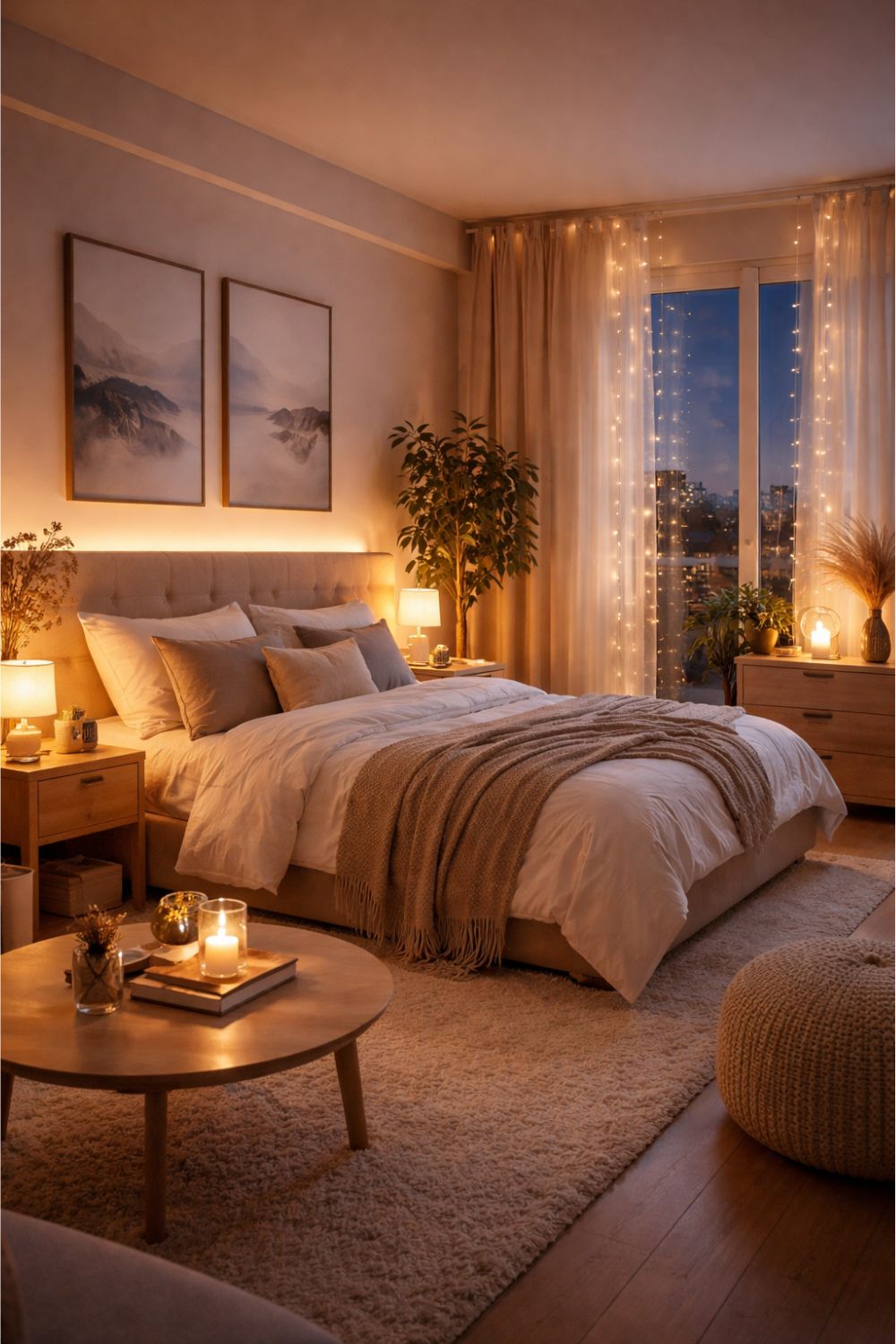 fairy lights draped around a sheer account