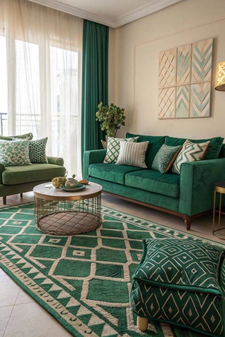 I used jewel-toned throw pillows and a small accent chair in emerald green.