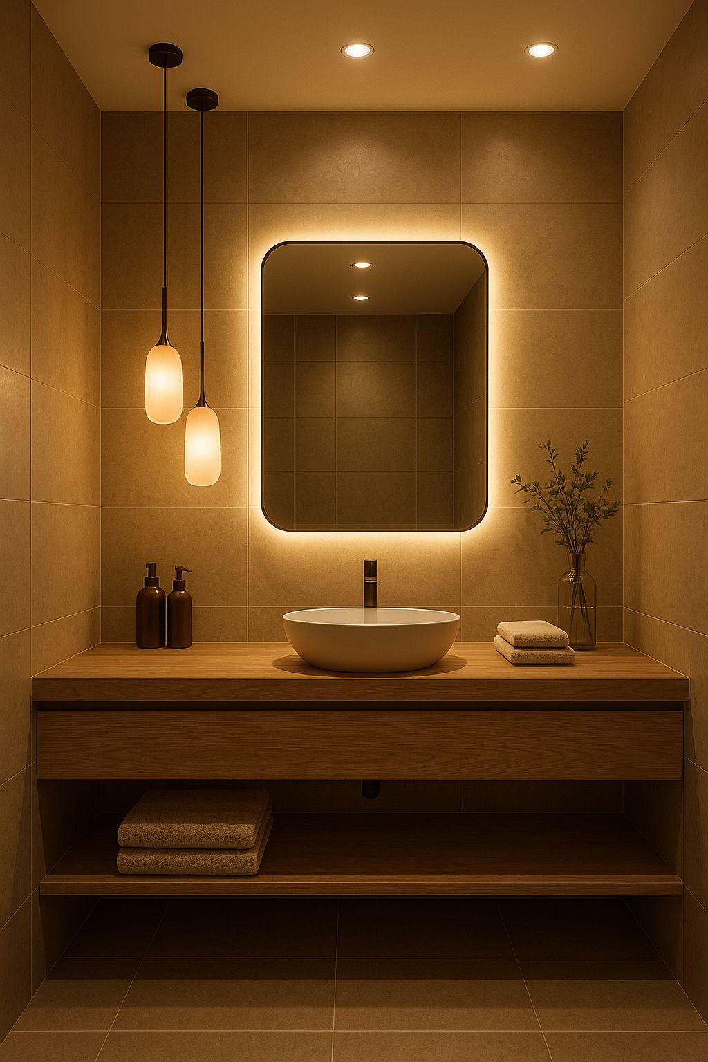 LED-Framed Mirror with Overhead Spotlights