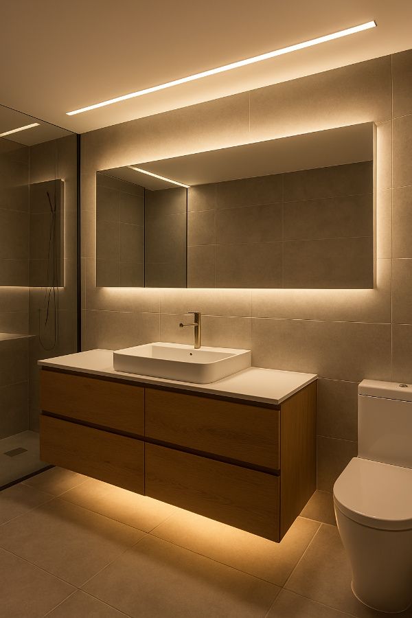 LED lights under shelves, behind mirrors,