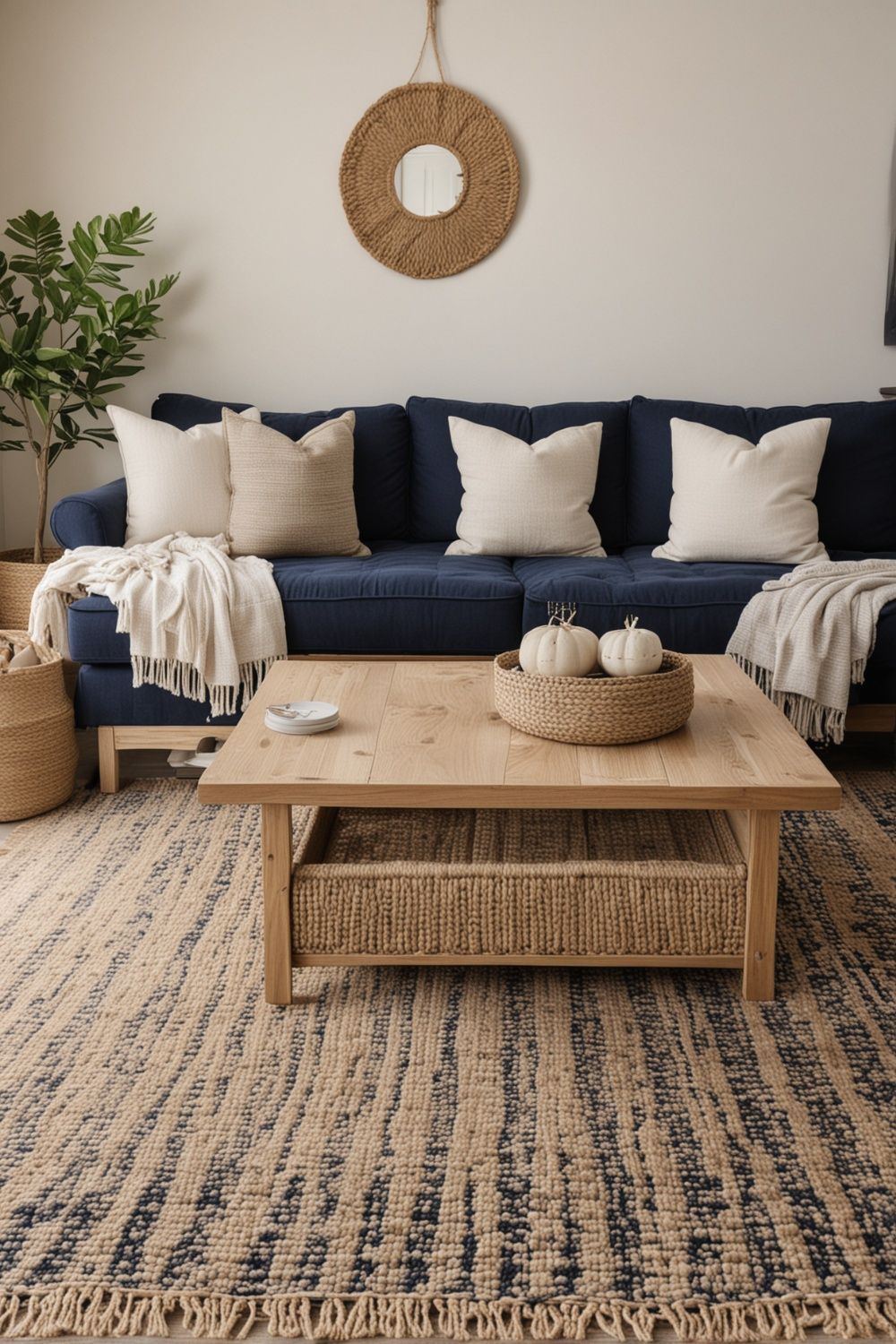 Navy and Warm Wood living room