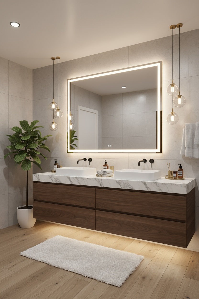 Rectangular Mirror with Pendant Lighting