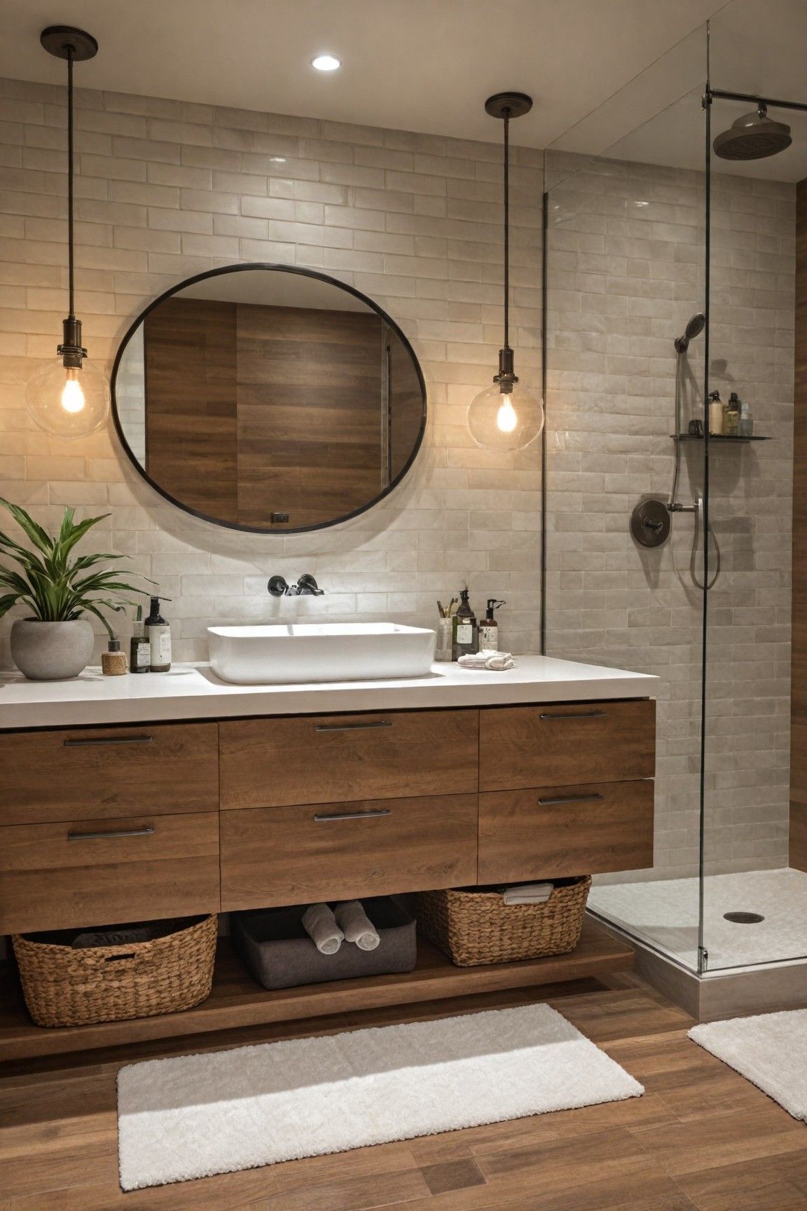 Round Mirror with Soft Wall Sconces