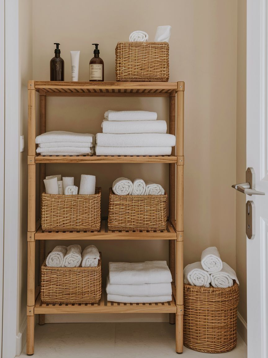 Stored Towels in Woven Baskets