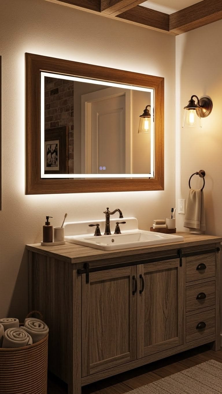 Wooden-Framed Mirror with Warm Ambient Lighting