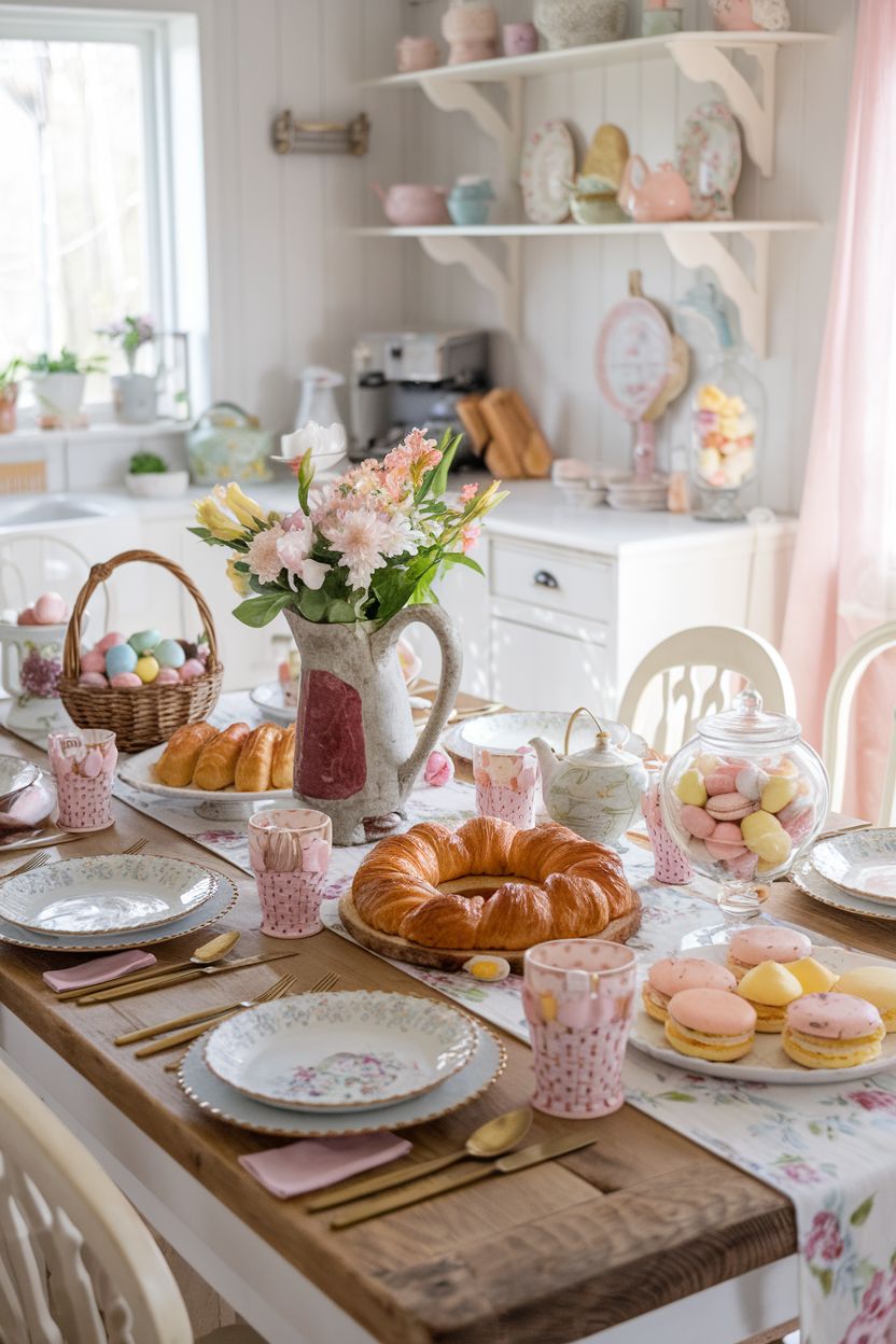 a brunch table with pastel tableware, small floral arrangements, decorative eggs, and subtle bunny accents.