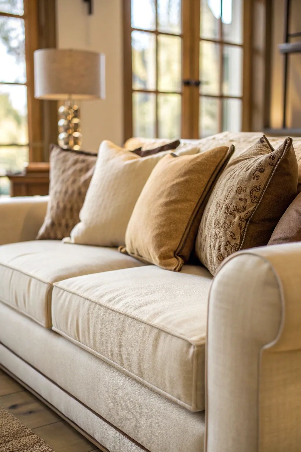 a cream sofa with beige pillow